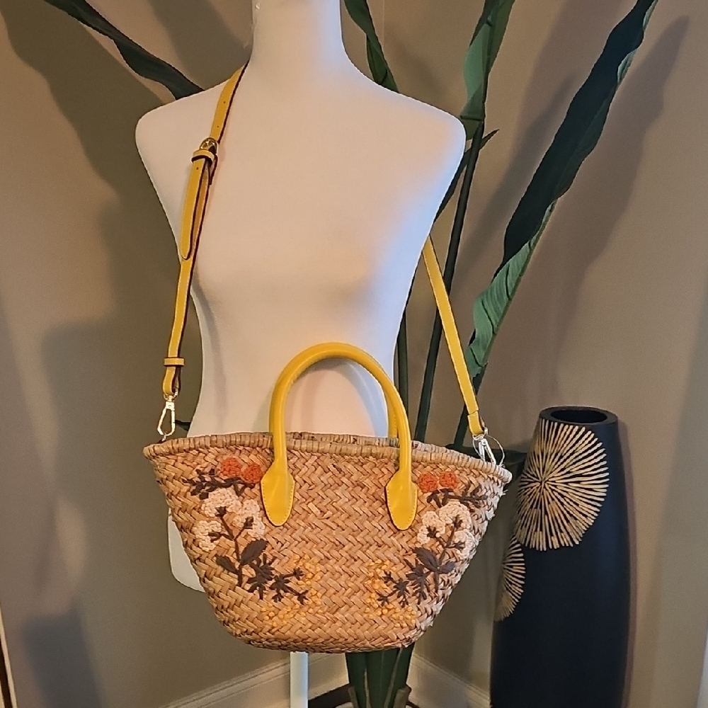Floral Embroidered Straw Tote Bag with Yellow Accents